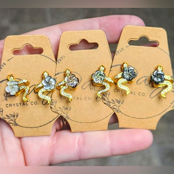 Hand Crafted Jewelry - Mother Of Pearl Shell Ruby Snake Flower Gold Plated Sterling Silver Earrings.